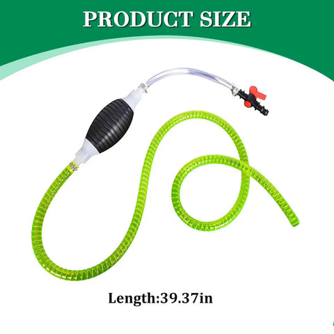 Heavy Duty Manual Fuel Siphon Pump For Cars And Trucks Featuring Wicked Smooth High Flow Transfer PVC Hose With Reliable Anti Backflow Valve Universal Fit For Diesel Gas Oil Water Pulls Fluid Like A Dream, showing 39.37in long pump with green PVC hose.
