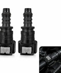 Heavy Duty Two Pack 3/8 Fuel Line Quick Connectors showing 180 Degree Hose Coupler, Tough PA12 Nylon material, black color.