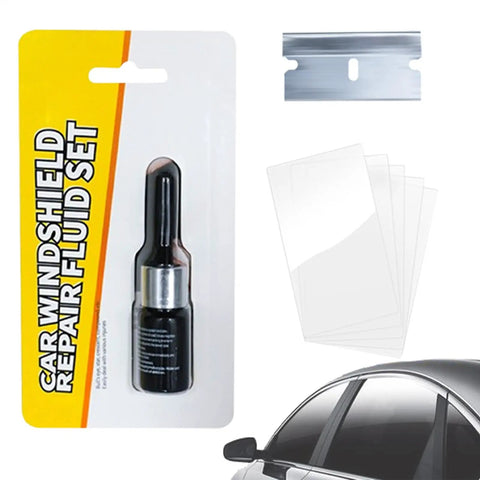 Windshield Chip Repair Kit With Curing Film and 2ml Crack Repair Fluid For SUVs, Trucks, Cars, Sedans shown with components