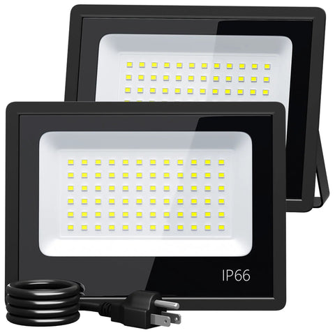 Two Pack 50W LED Flood Lights Outdoor IP66 Waterproof Daylight 6500K 14000 Lumens For Parking Lots Warehouses And Yards