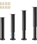 Heavy Duty Adjustable Furniture Legs Set Of Four Tall Metal Cabinet Support Stands For Beds Sofas Chairs And Tables With Quick Install Leveling Base In Matte Black Finish. Various heights displayed with mounting screws.