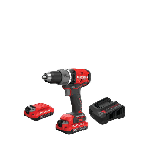 Brushless Cordless Drill Driver Kit with two batteries and charger, 1/2 inch ratcheting chuck shown with accessories