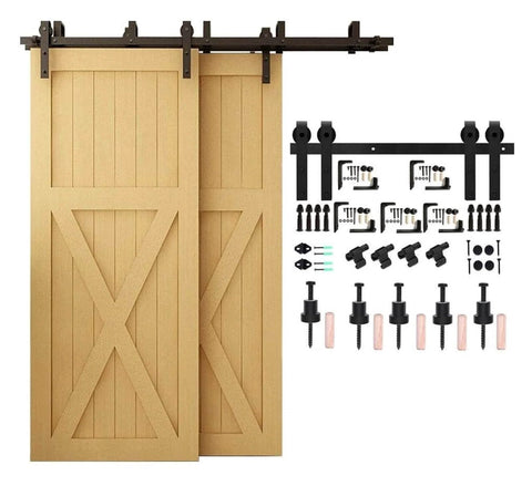 Bypass Barn Door Hardware Kit For Double Doors With J Shaped Rollers And Quiet Glide, hanging rail system, parts display