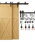 Bypass Barn Door Hardware Kit For Double Sliding Doors, J Shaped Rollers, Rustic Rail System, hardware components visible