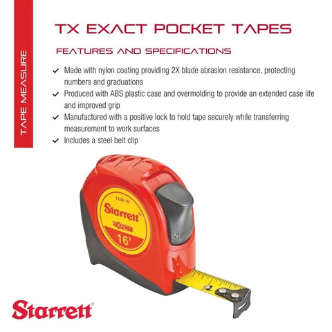 Exact Retractable Imperial Pocket Tape Measure With Nylon Coating And Steel Belt Clip Three Quarters Inch Wide By 16 Feet