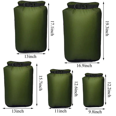 Ultimate Five Pack Waterproof Dry Sack Set, Ultra Lightweight Outdoor Gear Bags In 20L 12L 10L 6L And 3.5L, Built Tough For Kayaking Camping Rafting And Boating, Army Green.