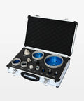 Complete 12 Pc M14 Diamond Core Drill Bit Set For Tile And Marble Plus Granite And Concrete With Angle Grinder Adaptors And Aluminum Case To Get The Job Done Right, open case with 6mm-100mm bits