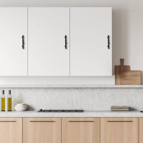 8 Piece Black Tree Branch Cabinet Handles Set installed on white kitchen cabinets, natural twig design drawer pulls, zinc alloy, rust resistant.