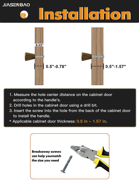 Installation guide for Antique Brass Cabinet Knobs Set 2 Pack with breakaway screws and measuring instructions for cabinet doors.