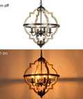 4 Light Orb Farmhouse Chandelier Stardust Finish Handmade Rustic Vintage Wood Light Fixture in off and on states