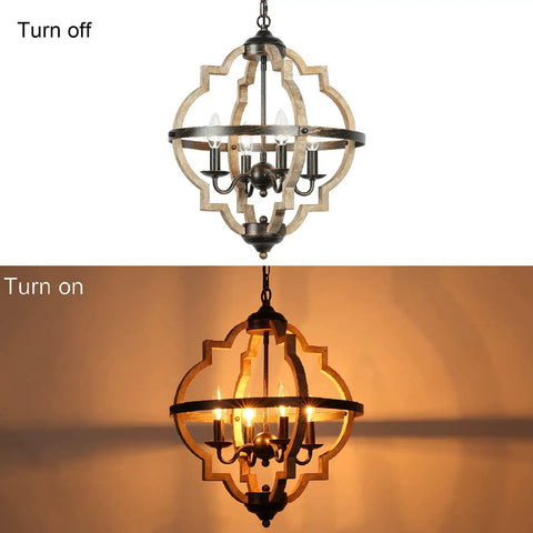 4 Light Orb Farmhouse Chandelier Stardust Finish Handmade Rustic Vintage Wood Light Fixture in off and on states