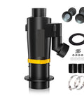 Heavy Duty Cyclone Separator Dust Collector With Dual Filter Elements And Serious Turbo Suction Vacuum Cleaner crafted for rough shop tasks, black plastic construction, dust separator component with clamps.