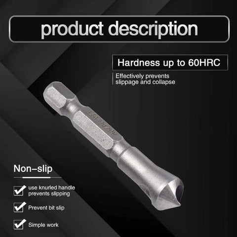 3-Piece Countersink And Deburring Tool Set With 90 Degree Center Punch for chamfering, metal bit shown, hex shank.
