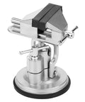 Rock Solid Universal Table Vise Clamp With Zero Wobble Rotating Base featuring a heavy duty aluminum alloy and rubber suction cup.