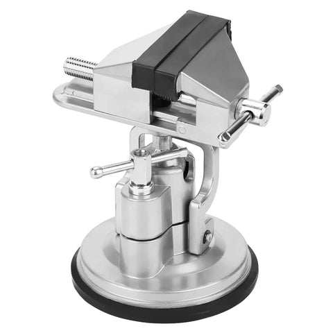 Rock Solid Universal Table Vise Clamp With Zero Wobble Rotating Base featuring a heavy duty aluminum alloy and rubber suction cup.