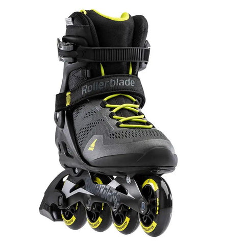 Macroblade 80 Fitness Inline Skates For Men with secure cuff and lateral support, black and lime, side view.