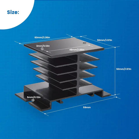 Black heat sink with dimensions for PID Temperature Controller Kit With 100 To 240V AC Power, SSR 40DA Solid State Relay.
