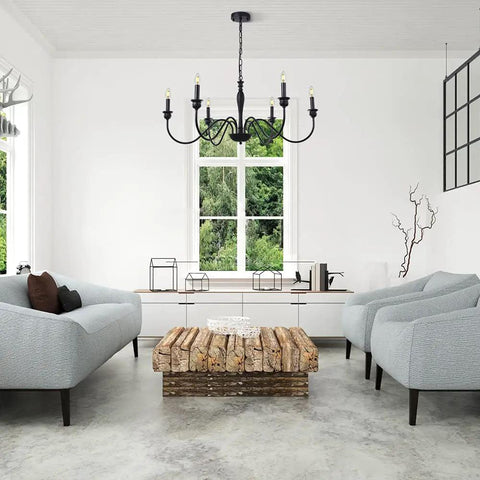 Room with Six Light Farmhouse Chandelier In Black Iron For Dining Room And Kitchen Island Rustic Industrial Ceiling Light Fixture