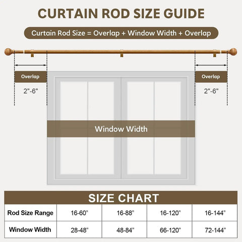 Wood Curtain Rod Set For Windows 72 To 144 Inches Adjustable Easy Install 1 Inch Diameter Heavy Duty Drapery Rod Size Guide