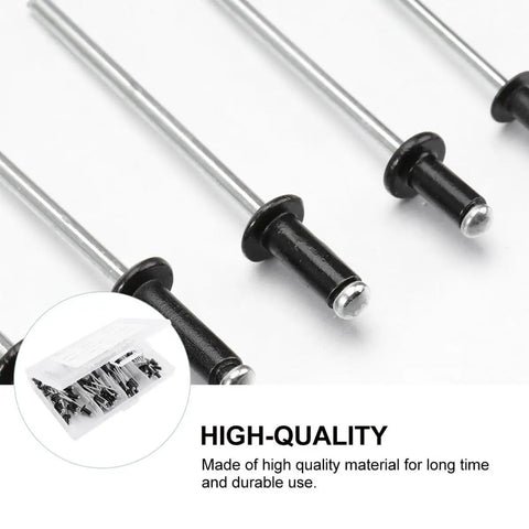Close-up of 120 Piece Black Aluminum Blind Rivet Kit With M2.4 M3.2 M4 Sizes, smooth burr-free rivets with black finish