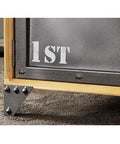 Close-up view of the metal leg and rustic drawer with '1ST' print on Killer Industrial Solid Wood TV Console.