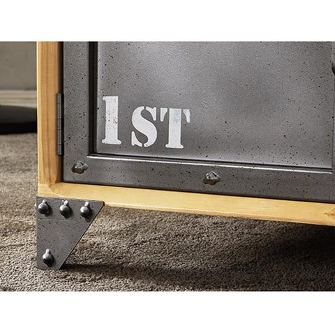 Close-up view of the metal leg and rustic drawer with '1ST' print on Killer Industrial Solid Wood TV Console.