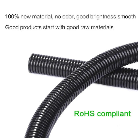 Close-up of 50 Ft 1 In Split Wire Loom Tubing Black Heavy Duty Polyethylene Split Sleeve for Wiring with RoHS label