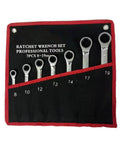 Ratchet Wrench Set 7-piece 8-19mm in black and red tool pouch, metric tools for home garages and tight spaces