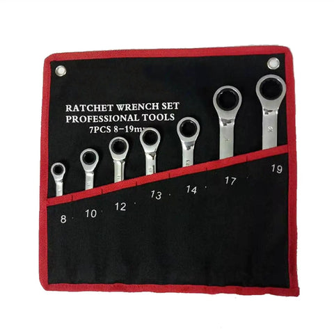 Ratchet Wrench Set 7-piece 8-19mm in black and red tool pouch, metric tools for home garages and tight spaces