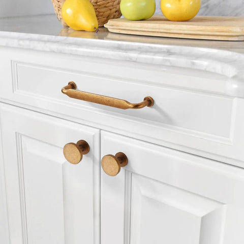 10 Pack Antique Brass Cabinet Knobs For Kitchen And Dresser Drawers, Vintage Retro Zinc Hardware With Classic Vibe installed on cabinets