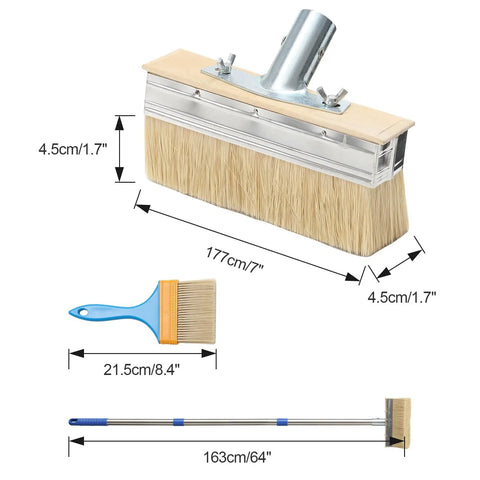 Long Reach Deck Stain Brush With 60 Inch Handle And 7 Inch Wide Head shown with dimensions for easy staining on wood deck fence patio and wall no bending required great for stains paints and sealer
