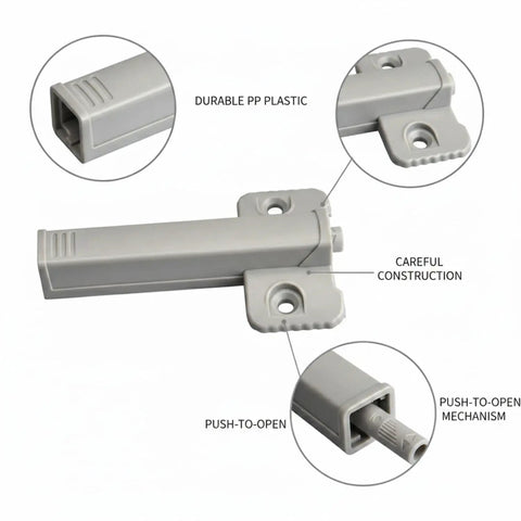 Push To Open Cabinet Latch With Rebound Mechanism, gray durable polypropylene plastic catch for handle-free kitchen upgrades