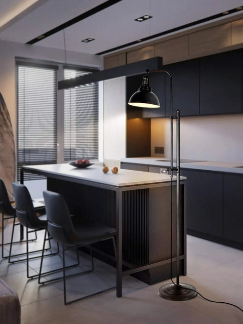 Industrial Floor Lamp For Living Rooms And Bedrooms, Rustic Farmhouse Standing Reading Lamp with black finish in modern kitchen.