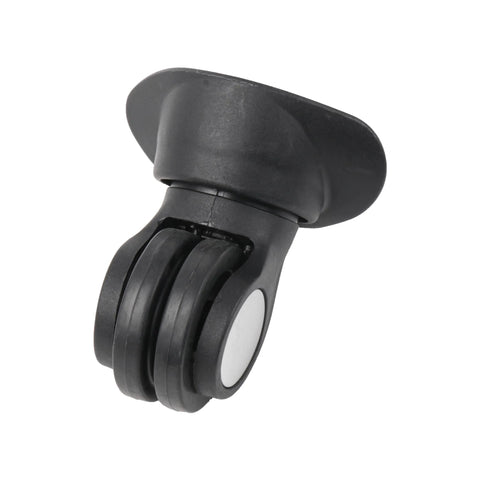 Side view of black plastic luggage wheel caster with swivel mounting for suitcases
