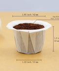 Disposable Coffee Filters 100 Count For Single Serve Brewers 1.0 And 2.0 White Paper showing dimensions and capacity