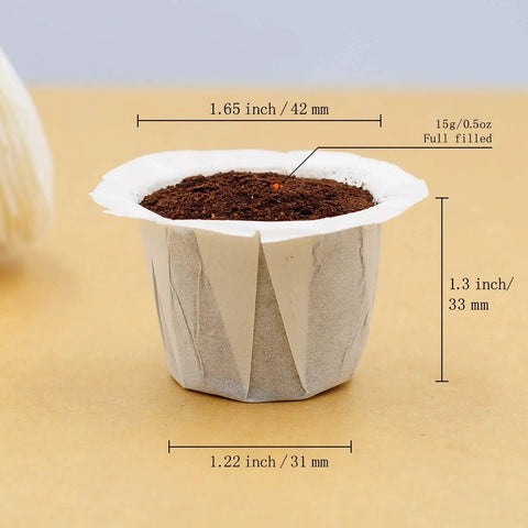Disposable Coffee Filters 100 Count For Single Serve Brewers 1.0 And 2.0 White Paper showing dimensions and capacity