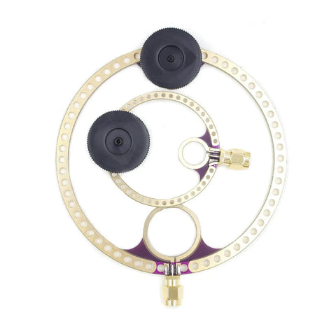 Rad 2 Pack Donut VHF UHF FM Mini Loop Antenna, dual-loop design, gold material, tunable, with SMA connectors visible.