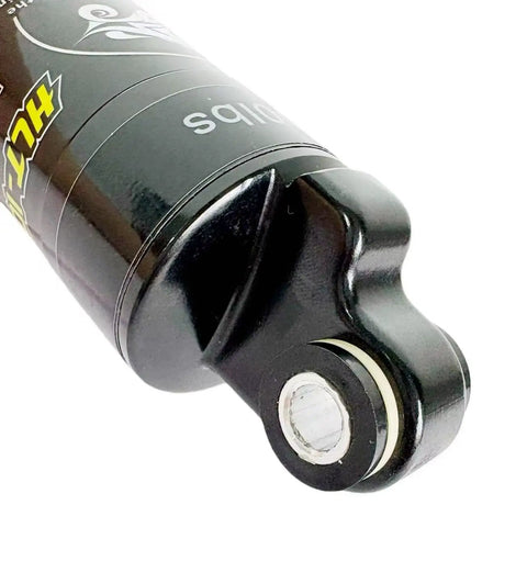Close-up of Rear Shock For Mountain Bikes And E-Bikes With 150/165mm Travel, 1000lb Spring, Hydraulic Damper, and bushings.