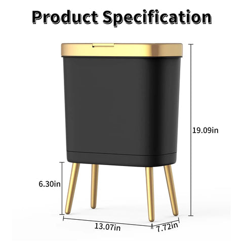 Slim Black Trash Can With Lid And Gold Edge, Modern Narrow Trash Bin On Legs, 4 Gallon Plastic with dimensions shown