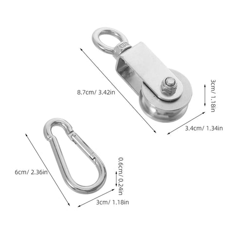 Heavy Duty Stainless Steel Cable Pulley System With Dual Bearings For Wire Rope, Smooth Operation, Hanging Track Roller For Industrial And Home Use, 8.7cm pulley with 6cm carabiner