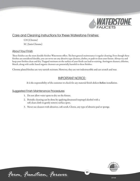 Waterstone faucets care instructions document detailing maintenance for chrome and satin finishes.