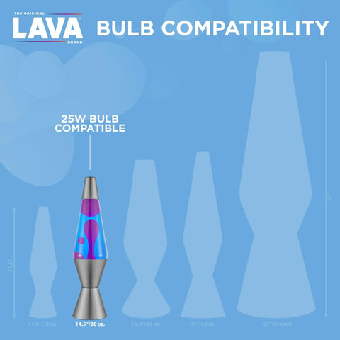 Comparison chart showing 25W bulb compatibility with 14.5-inch, 20-ounce lava lamps, part of the Original 25 Watt Incandescent Replacement Bulbs.