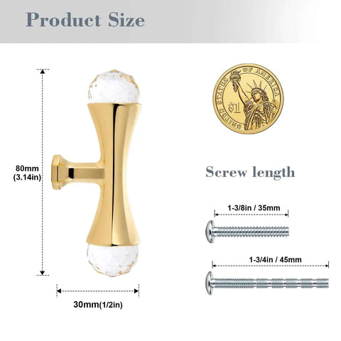 Gold Crystal Drawer Knobs Set Of Four With Jewelry Sparkle, Zinc Alloy Hourglass Cabinet Knobs With Faceted Crystal Ends, 3.14 Inch Size