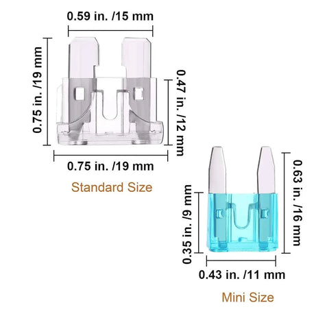 Fuses Assortment Kit for Cars and More 240 Piece Blade Type Standard and Mini Size diagram with dimensions