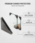 Heavy Duty Black PP Corner Protectors for Shipping and Handling, shown with cushioned glass edge guard illustration.