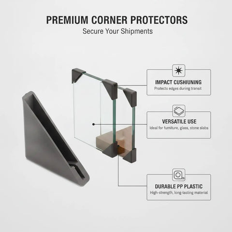 Heavy Duty Black PP Corner Protectors for Shipping and Handling, shown with cushioned glass edge guard illustration.