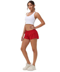 Woman wearing Ultra Lightweight Women Running Shorts With Quick Dry Fabric Built In Liner And Zipper Pocket For Essentials Adjustable Elastic Waistband Red Gym Workout Shorts