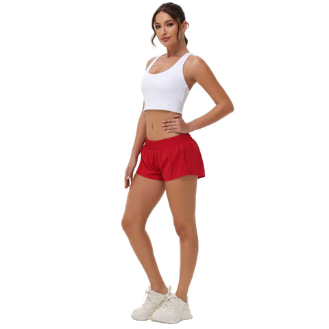 Woman wearing Ultra Lightweight Women Running Shorts With Quick Dry Fabric Built In Liner And Zipper Pocket For Essentials Adjustable Elastic Waistband Red Gym Workout Shorts