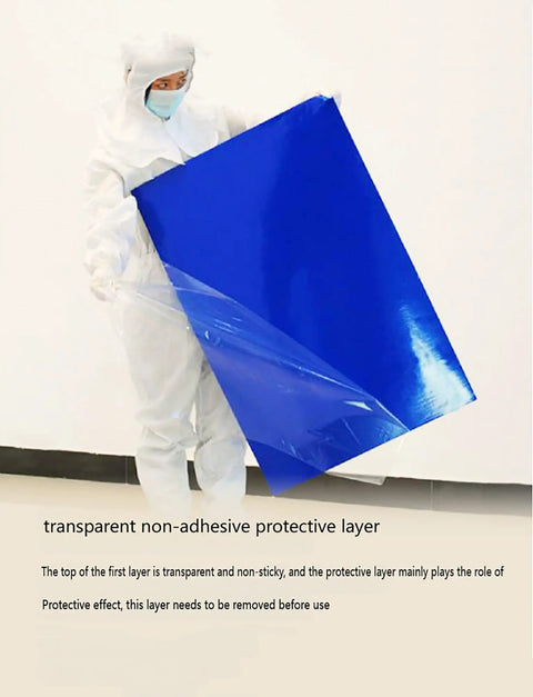 Heavy Duty Tacky Rolls To Knock Grit Off Shoes And Gear Before You Head Into The Cleanroom Or Warehouse Keeps Work Zones Spotless Zero Sweat Guaranteed For Busy Crews with a worker removing a protective layer from a blue mat.