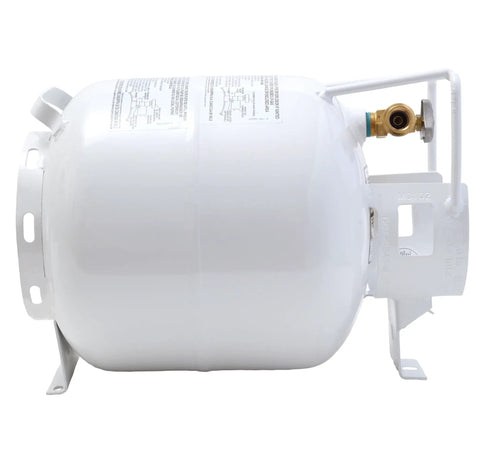 Side view of 20 Pound Steel Horizontal Propane Tank Cylinder For Fire Pits And Tables Patio Heaters Grills RVs And Truck Campers With Built In Gauge EZ Handle Collar And Type 1 Overflow Protection Valve